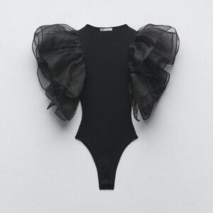 Zara tulle ruffled black rubbed bodysuit  sleeveless top